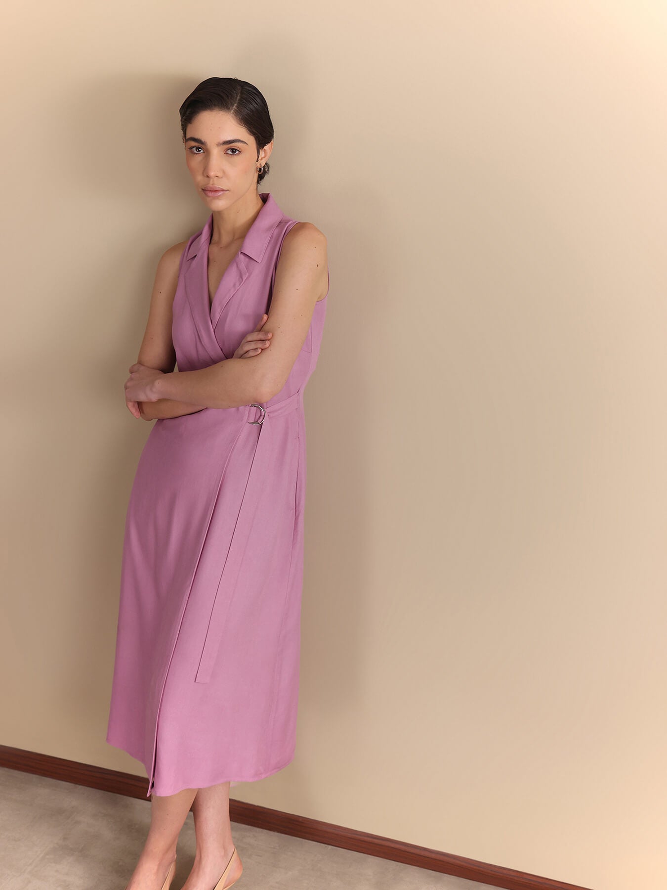 Notch Collar Wrap Midi Dress - Lilac