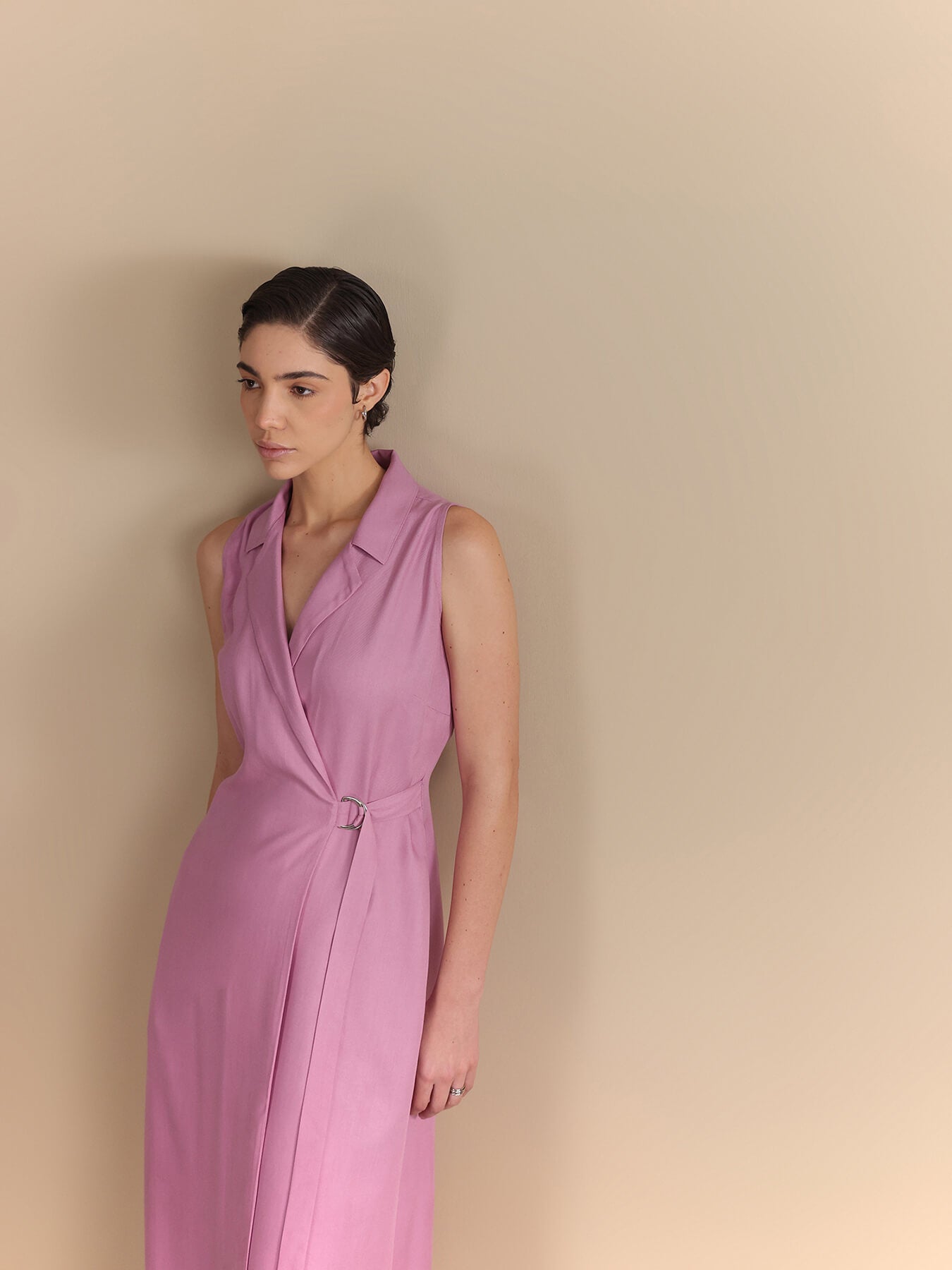 Notch Collar Wrap Midi Dress - Lilac