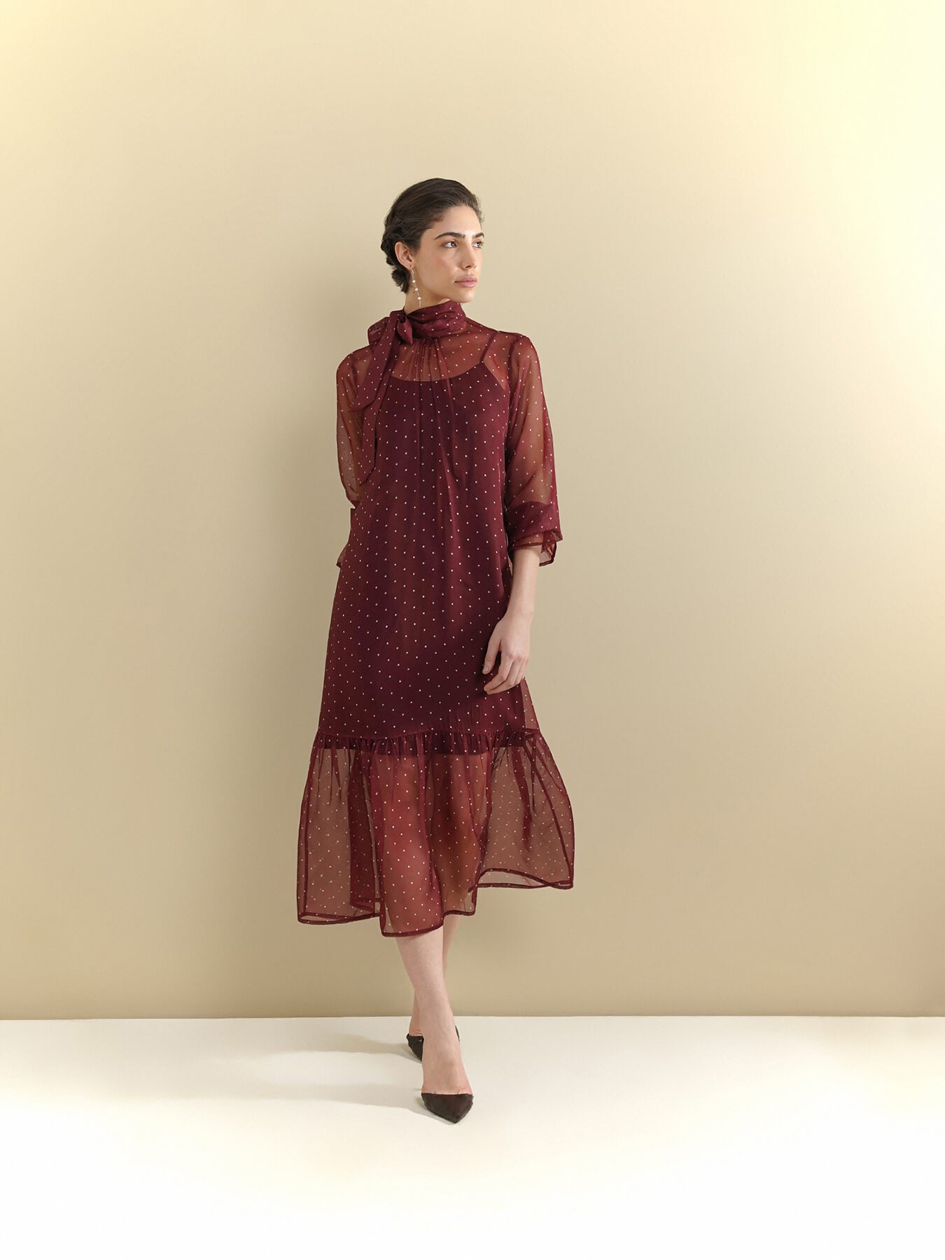 Organza Polka Dot Dress - Wine