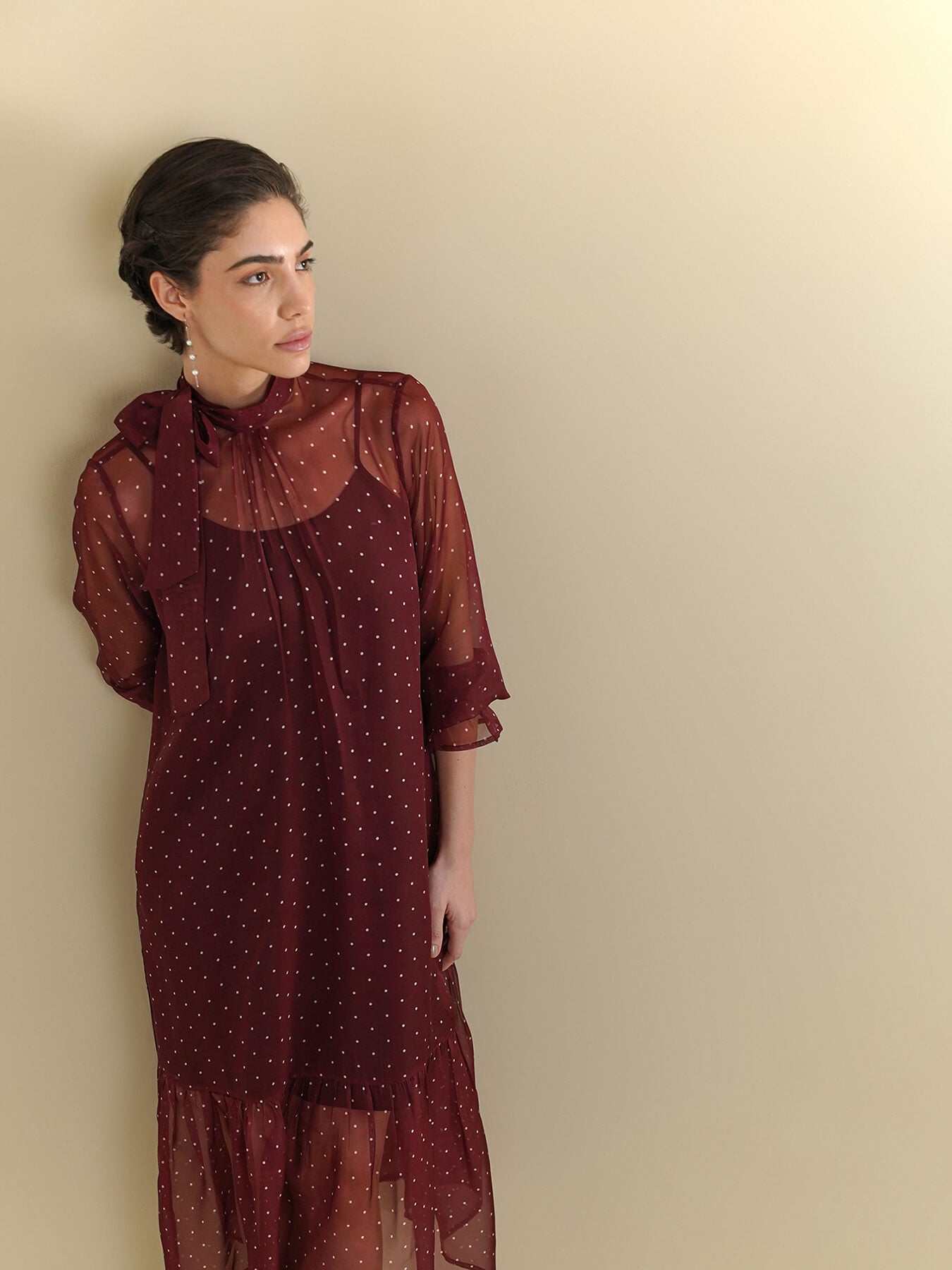 Organza Polka Dot Dress - Wine