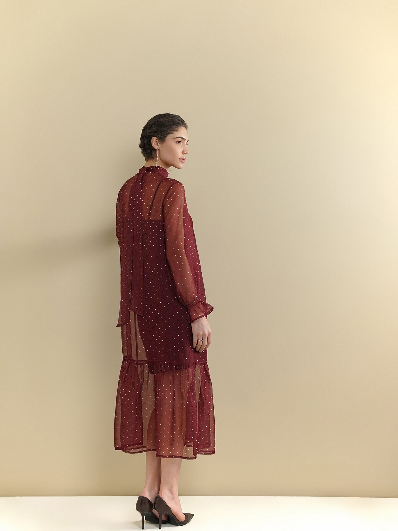 Organza Polka Dot Dress - Wine