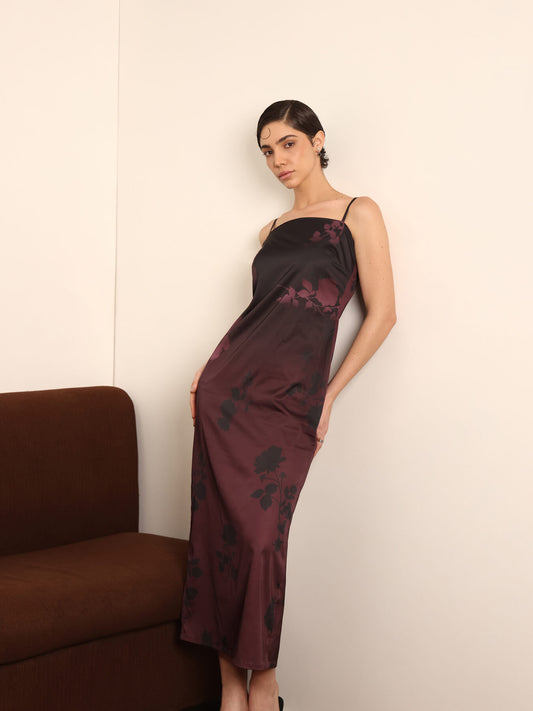 Satin Ombre Sheath Dress - Wine & Black