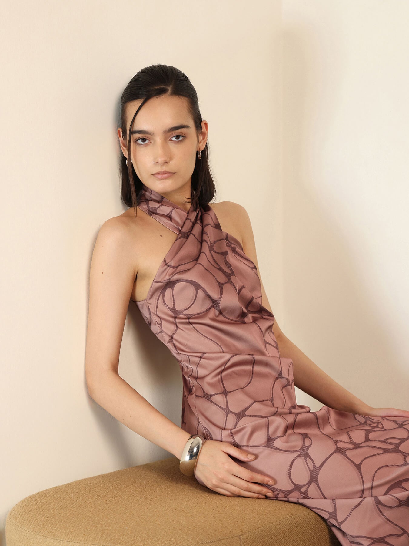 Satin Halter Neck Dress - Tan