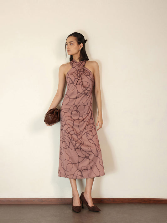 Satin Halter Neck Dress - Tan