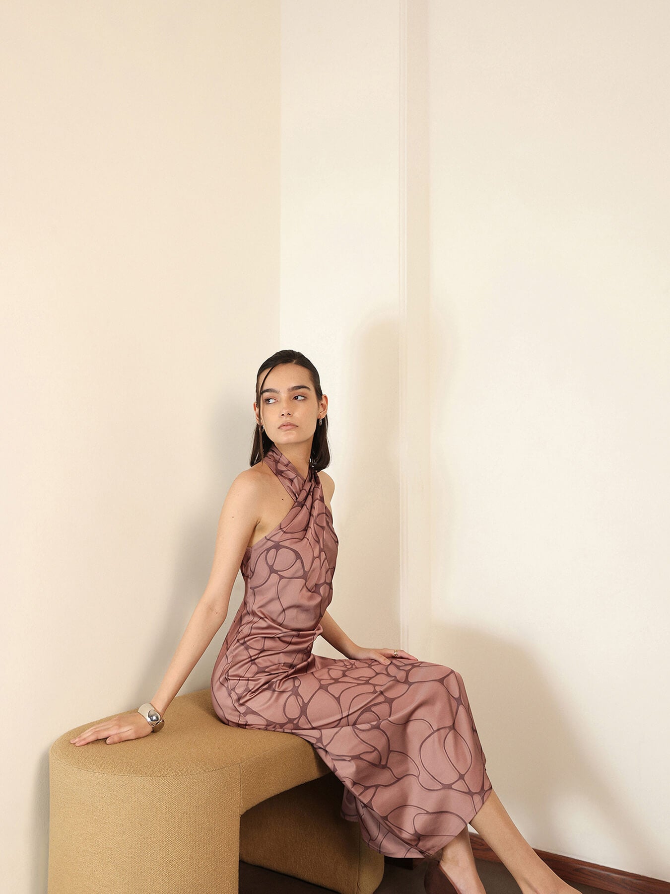 Satin Halter Neck Dress - Tan