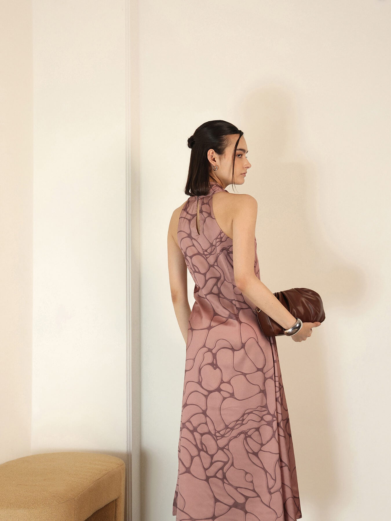 Satin Halter Neck Dress - Tan