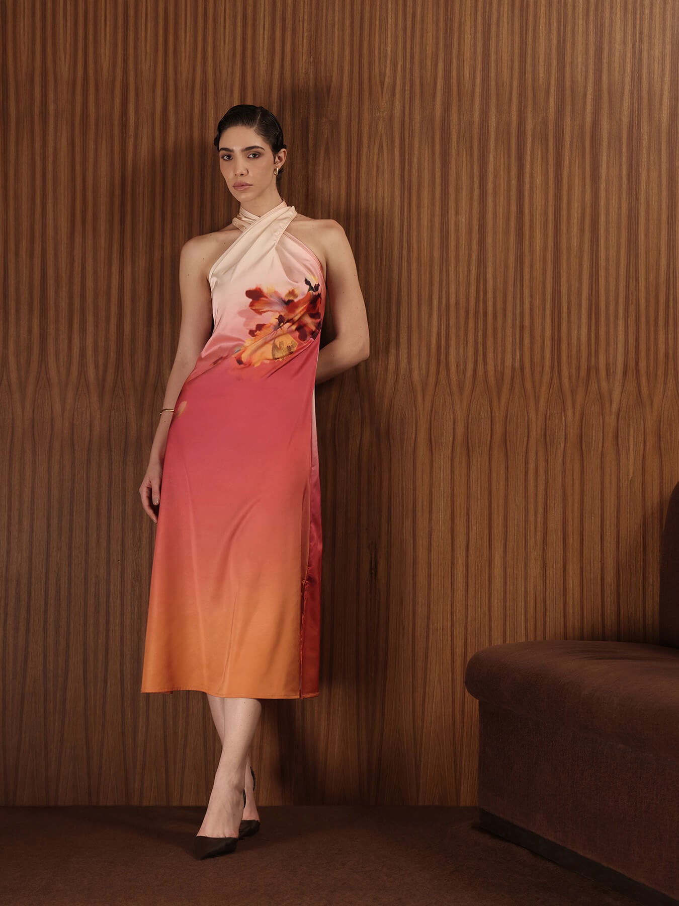 Satin Floral Midi Dress - Multicolour