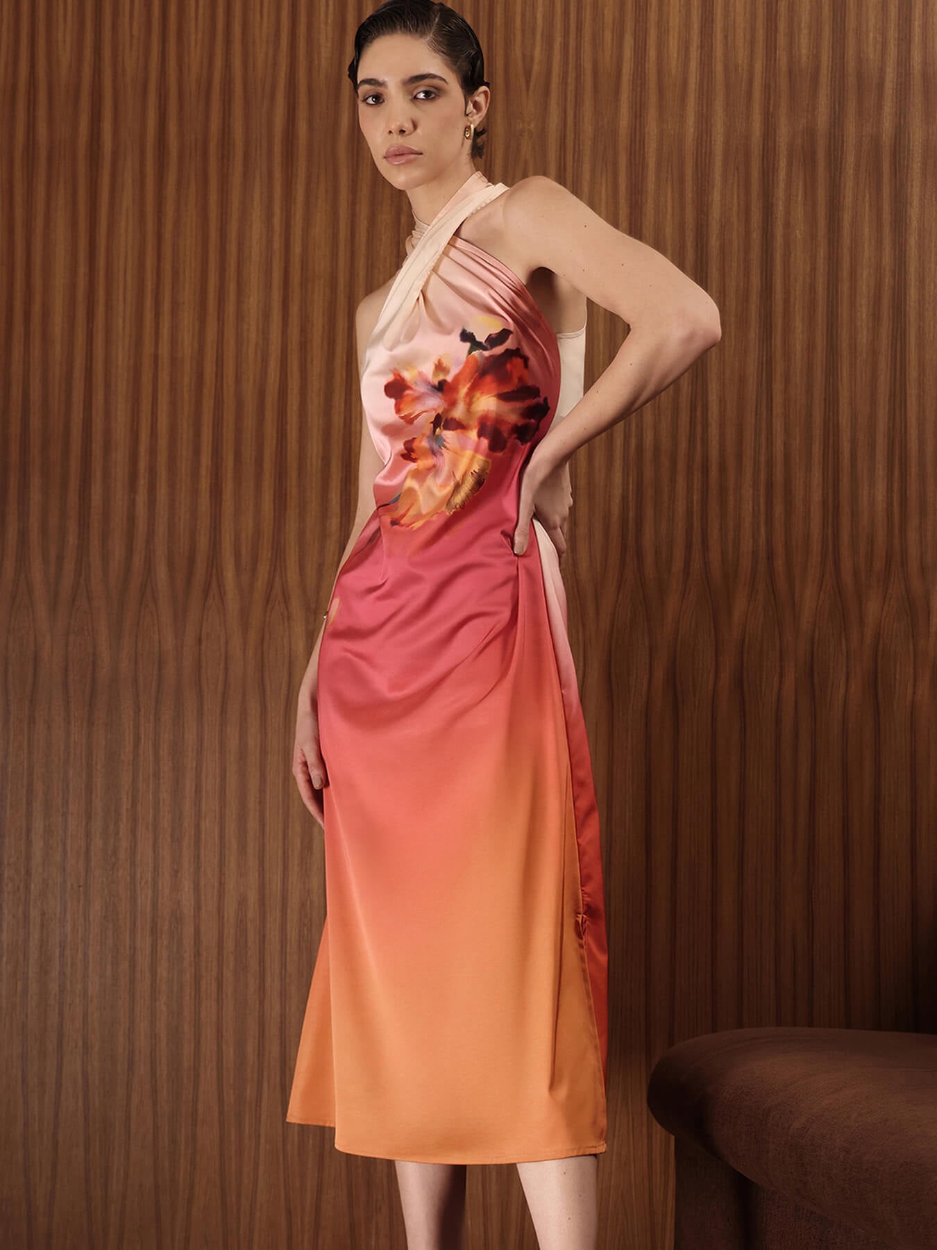 Satin Floral Midi Dress - Multicolour