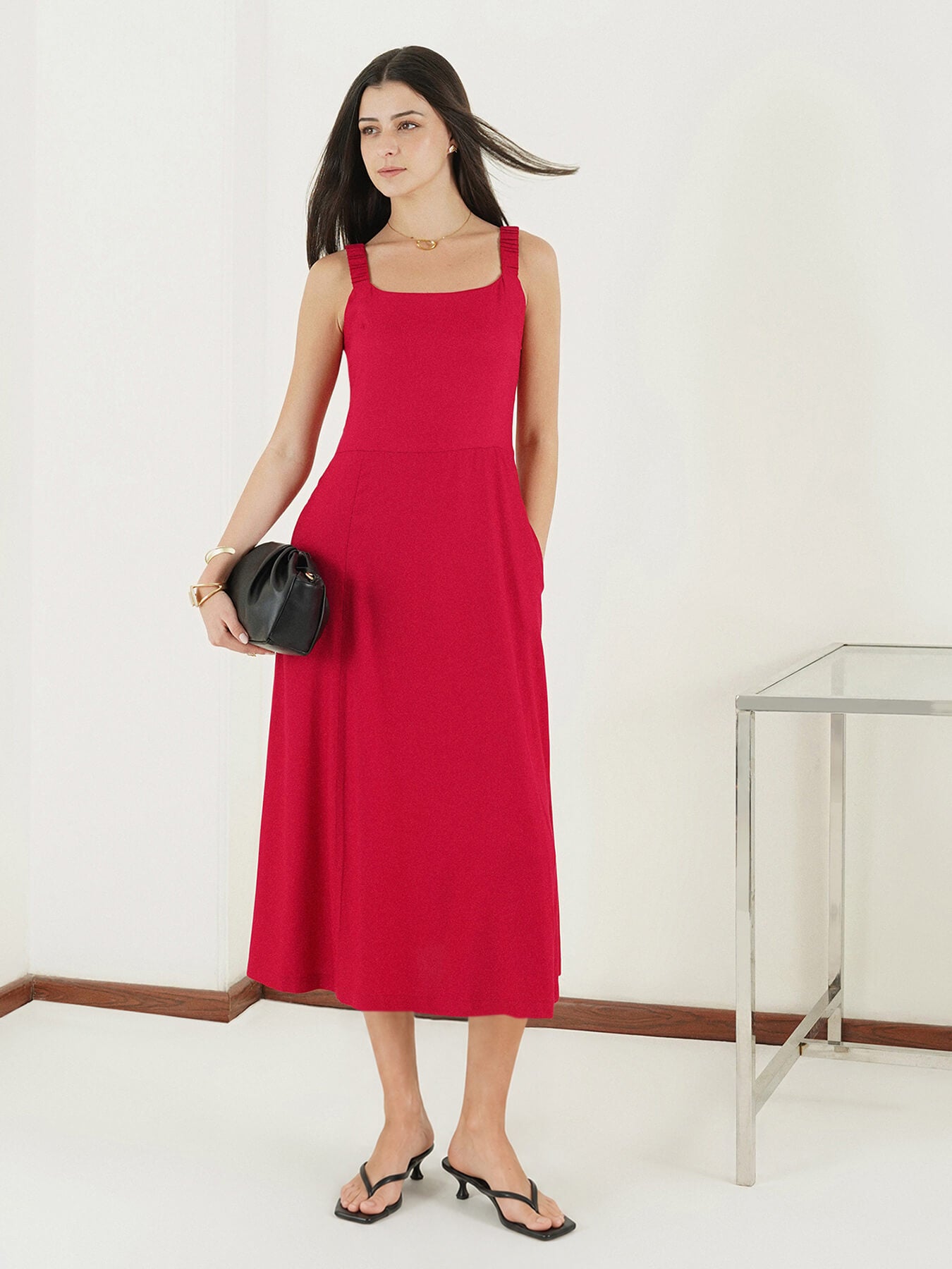 Fit and Flare Midi Dress - Pink