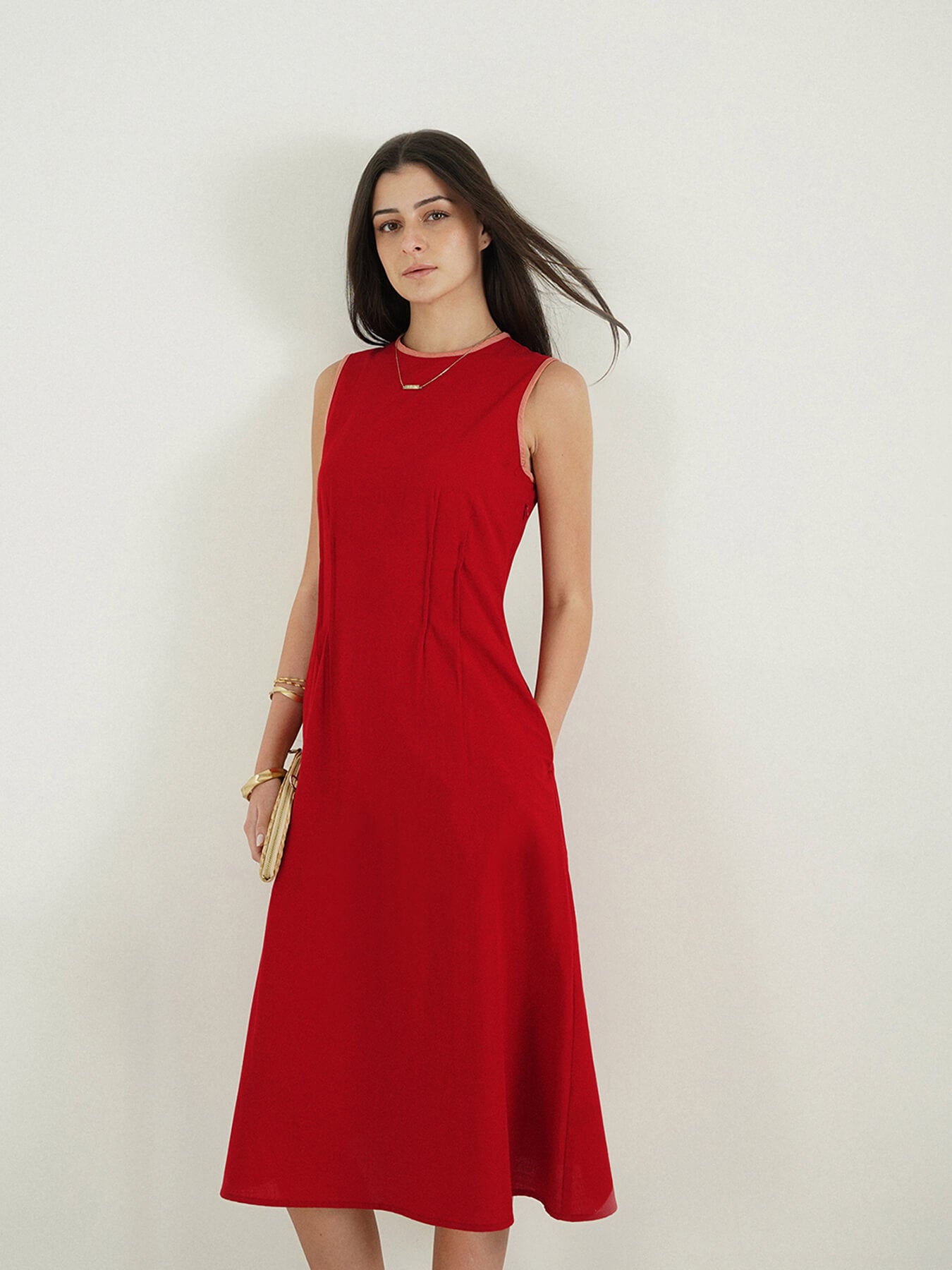 Cotton Fit and Flare Dress - Red