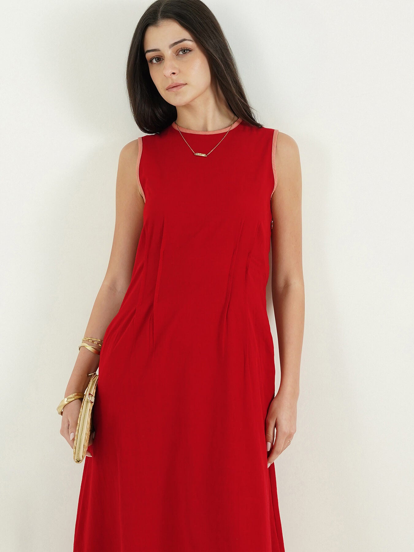 Cotton Fit and Flare Dress - Red