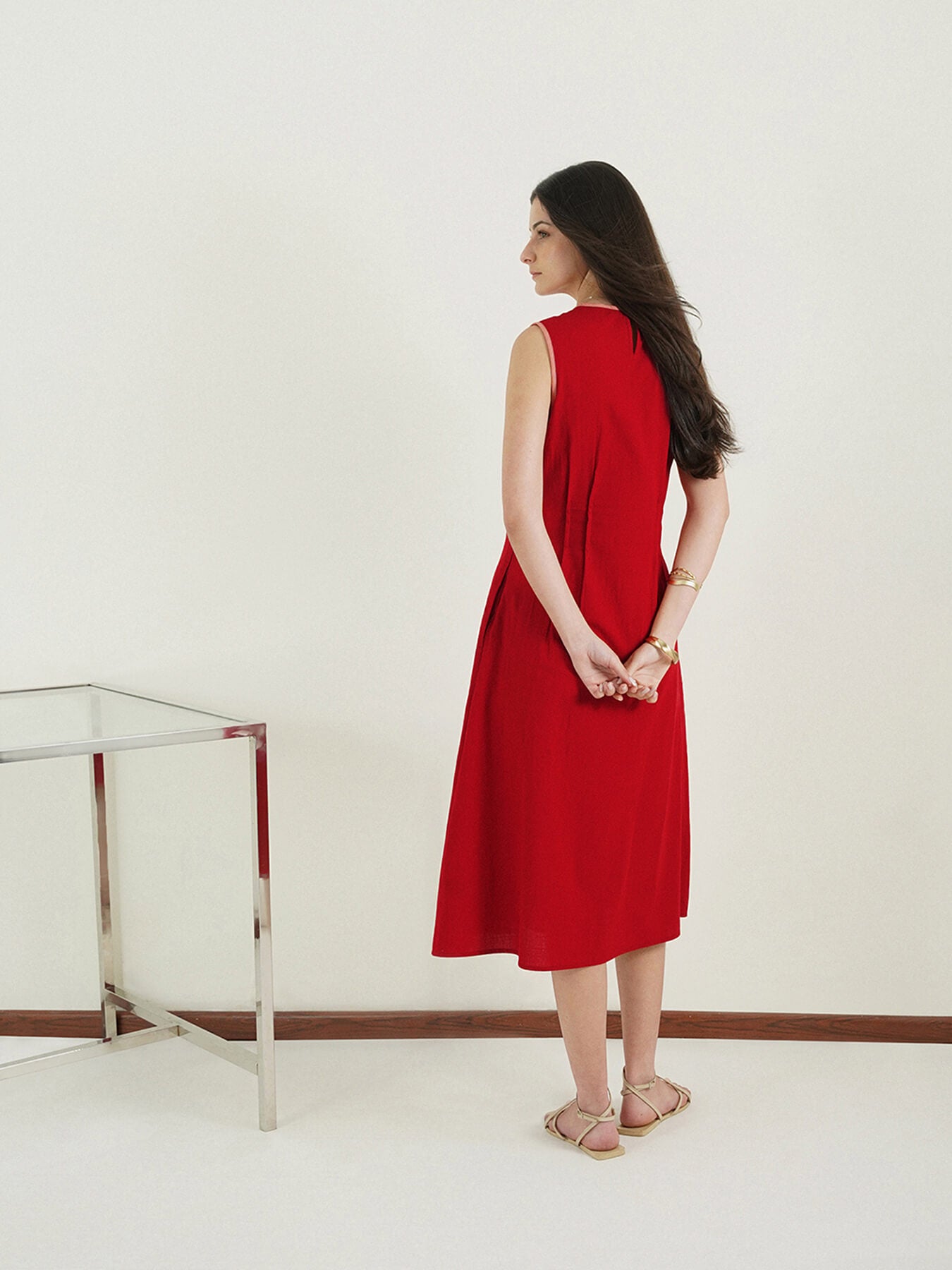 Cotton Fit and Flare Dress - Red