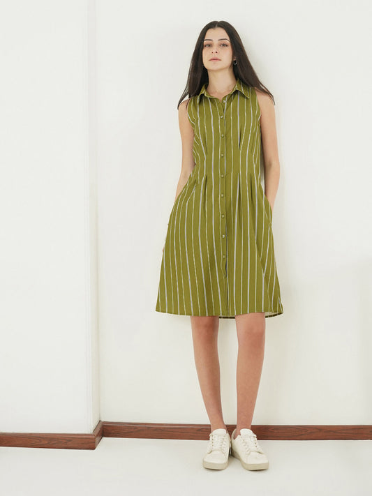 Striped Fit and Flare Dress - Olive