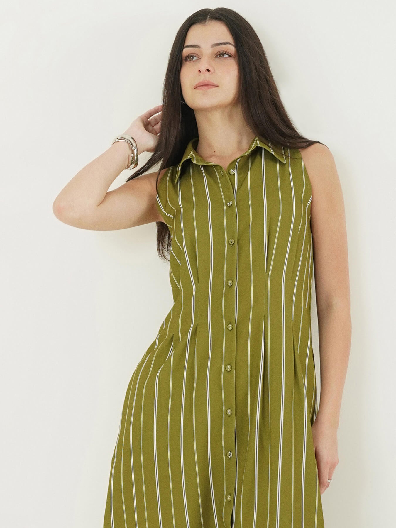 Striped Fit and Flare Dress - Olive