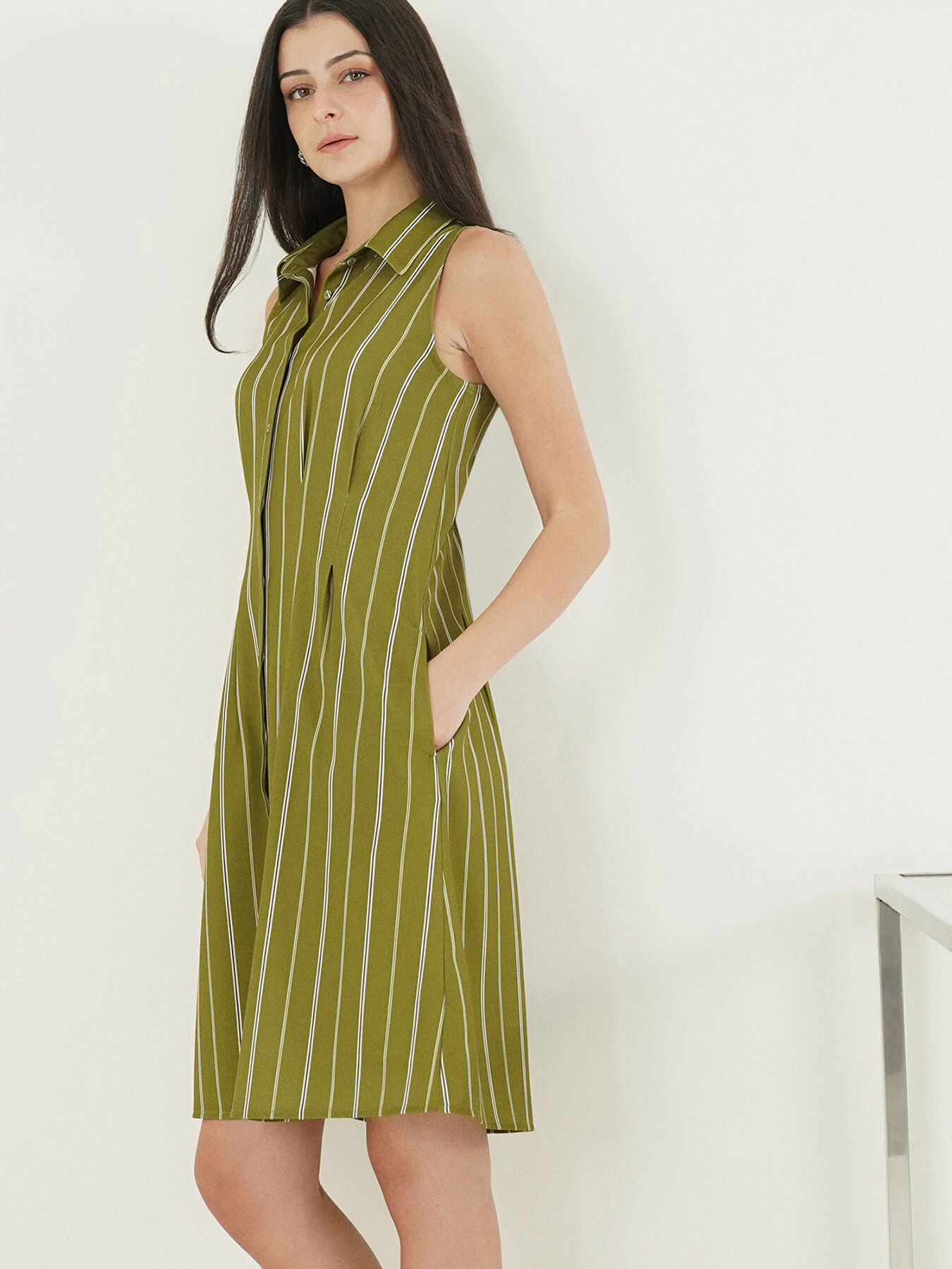 Striped Fit and Flare Dress - Olive