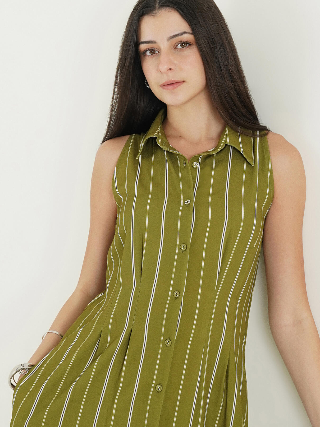 Striped Fit and Flare Dress - Olive