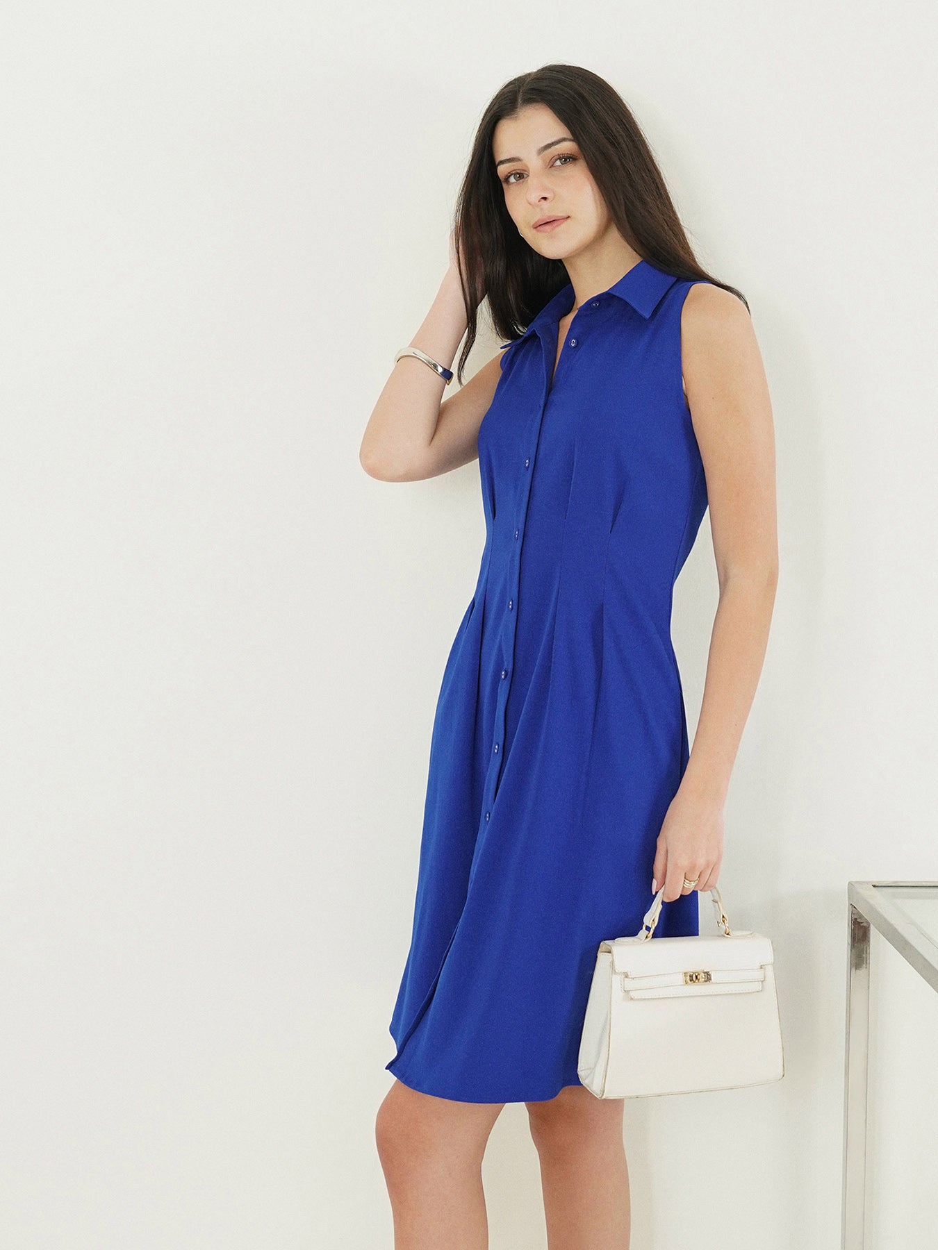 Button Down Fit and Flare Dress - Blue
