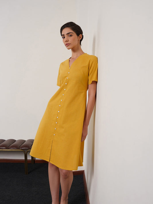 Pure Cotton A-Line Dress - Yellow