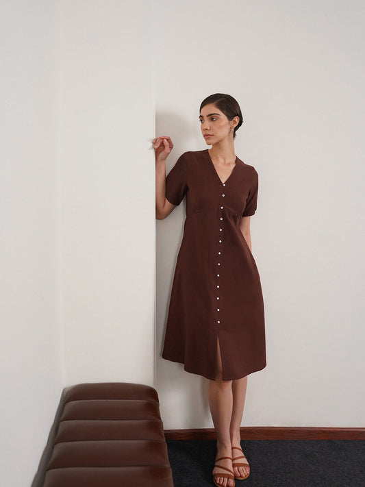 Pure Cotton A-Line Dress - Brown