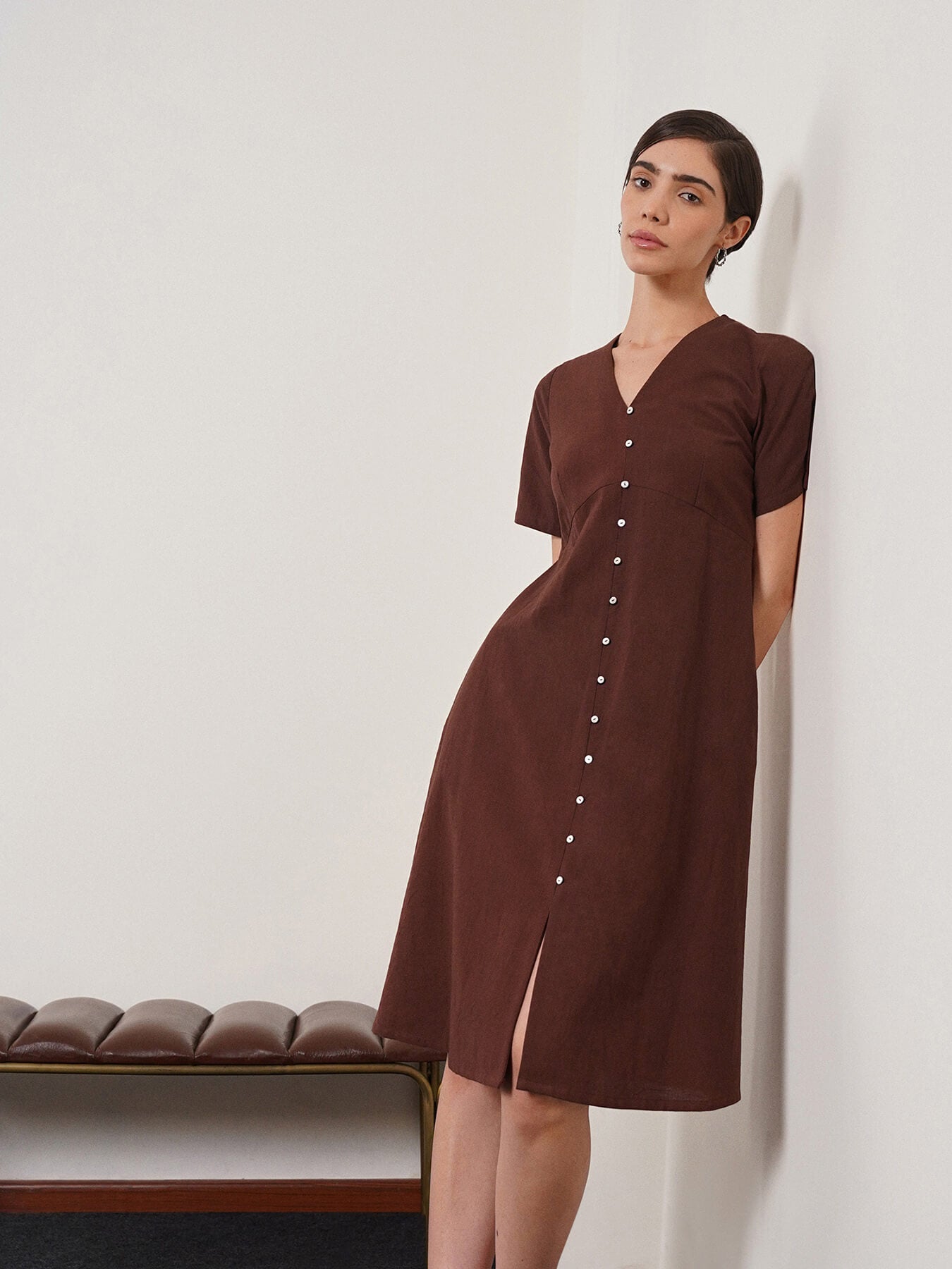 Pure Cotton A-Line Dress - Brown