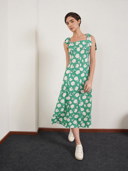 Floral Fit and Flare Dress - Green