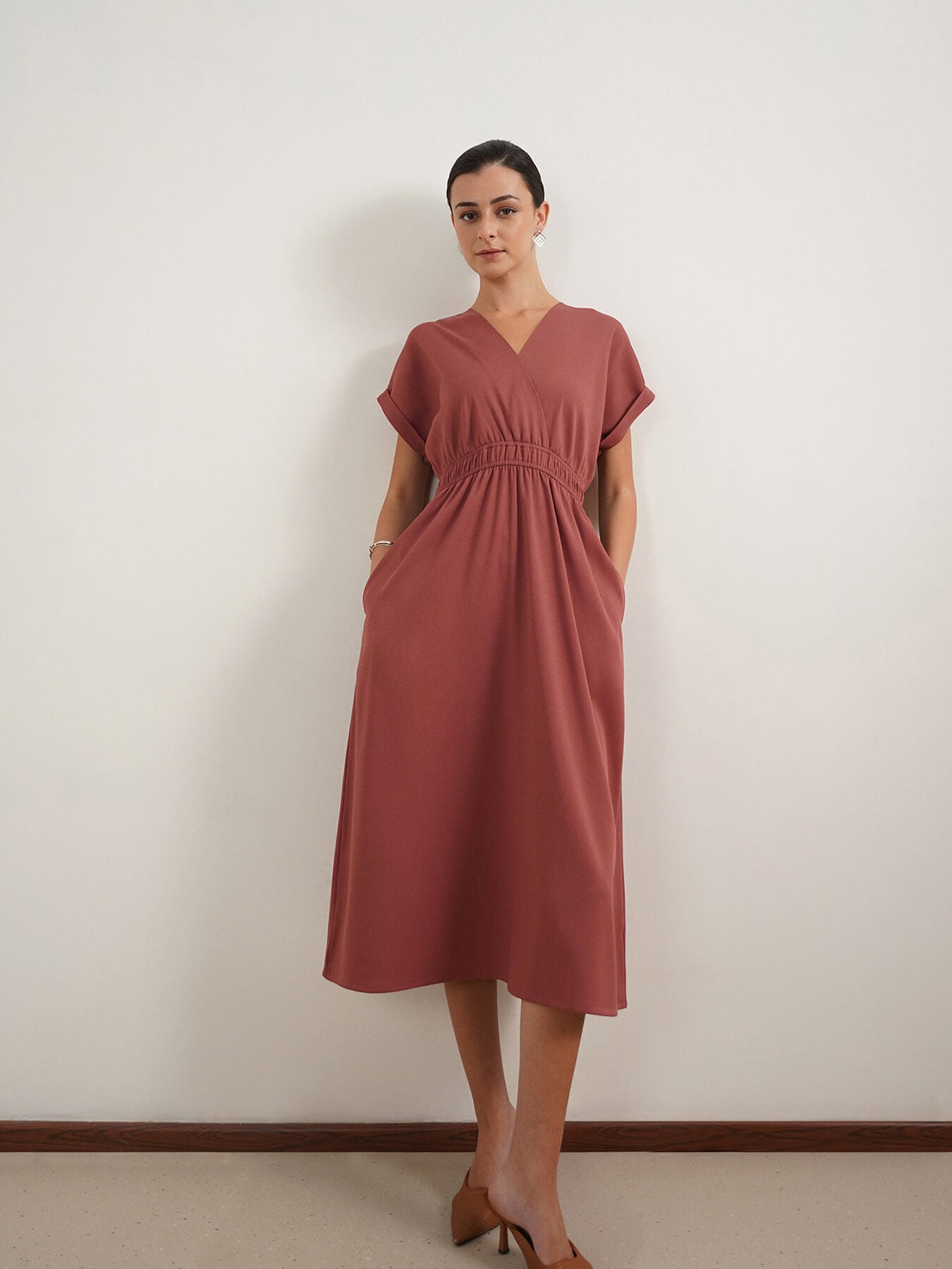 V-Neck Fit and Flare Dress - Mauve