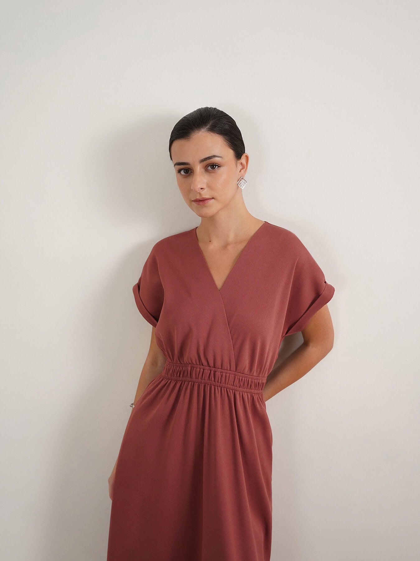 V-Neck Fit and Flare Dress - Mauve