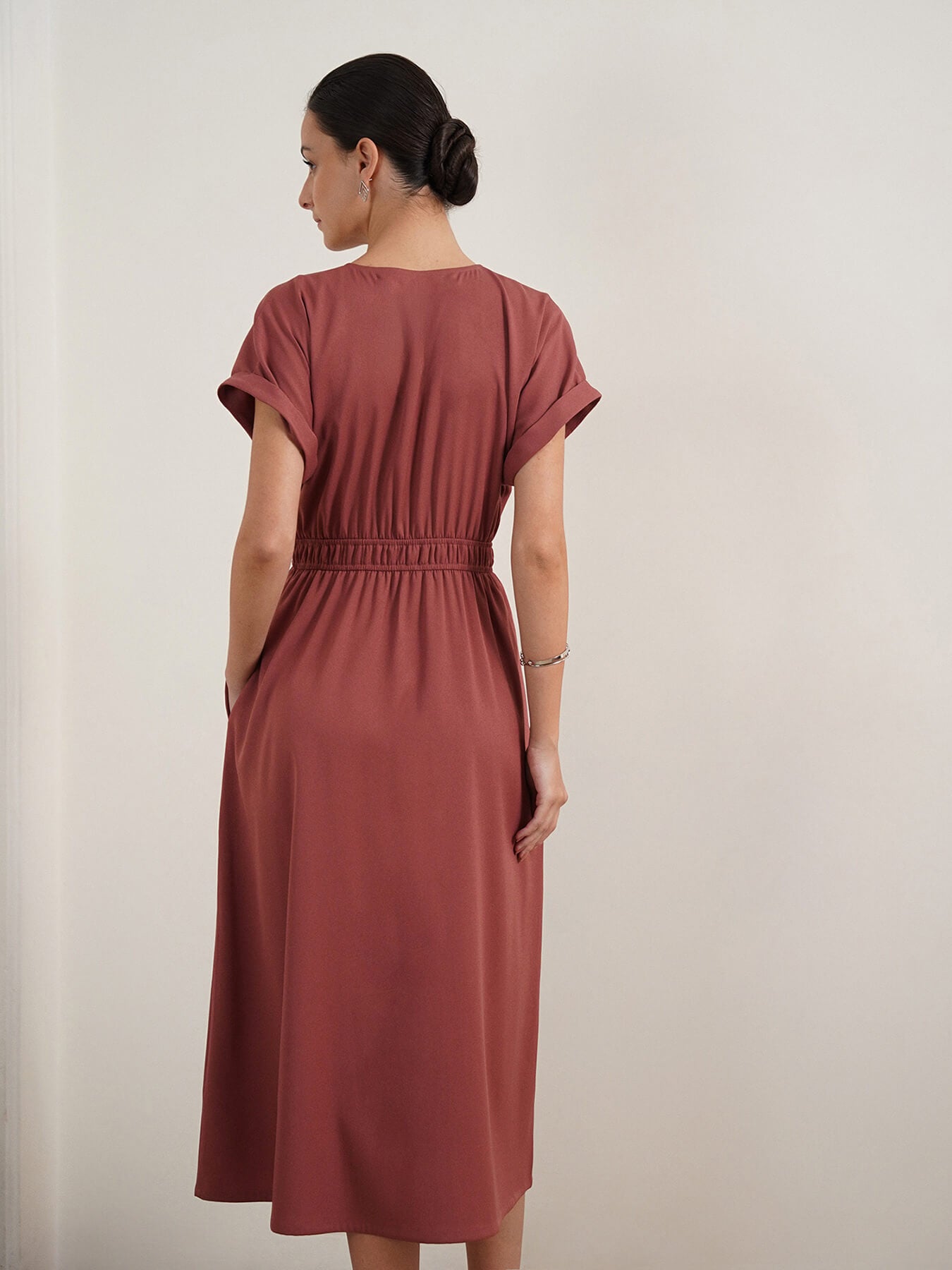 V-Neck Fit and Flare Dress - Mauve