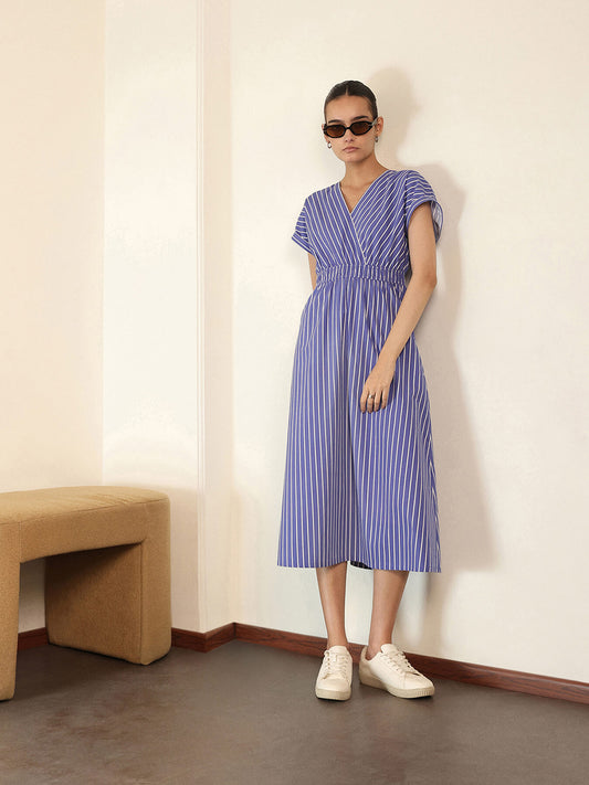 Cotton Fit and Flare Dress - Blue