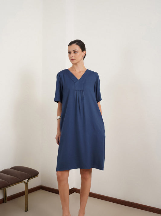 V-Neck A-Line Dress - Blue