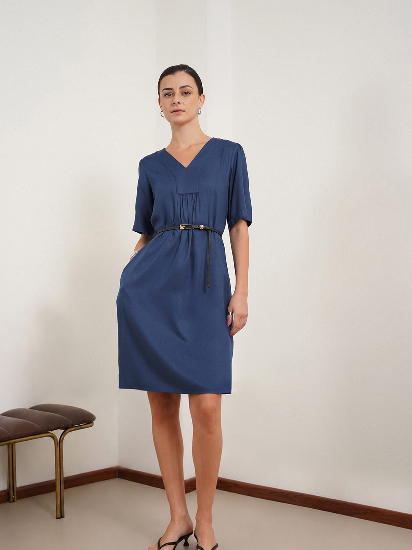 V-Neck A-Line Dress - Blue