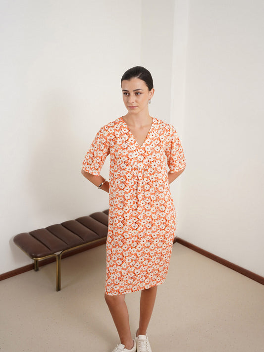 Viscose Floral A-Line Dress - Orange