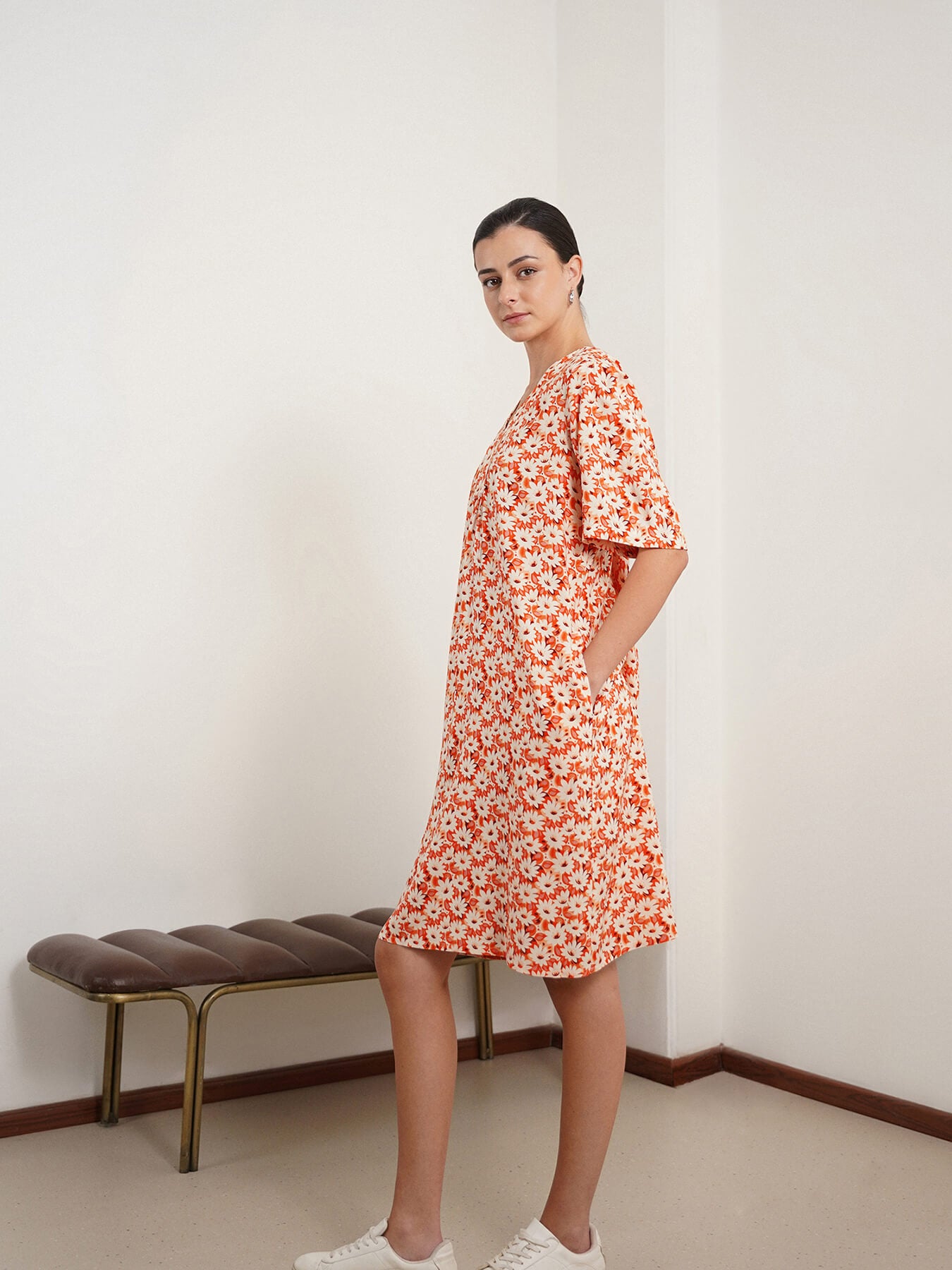Viscose Floral A-Line Dress - Orange