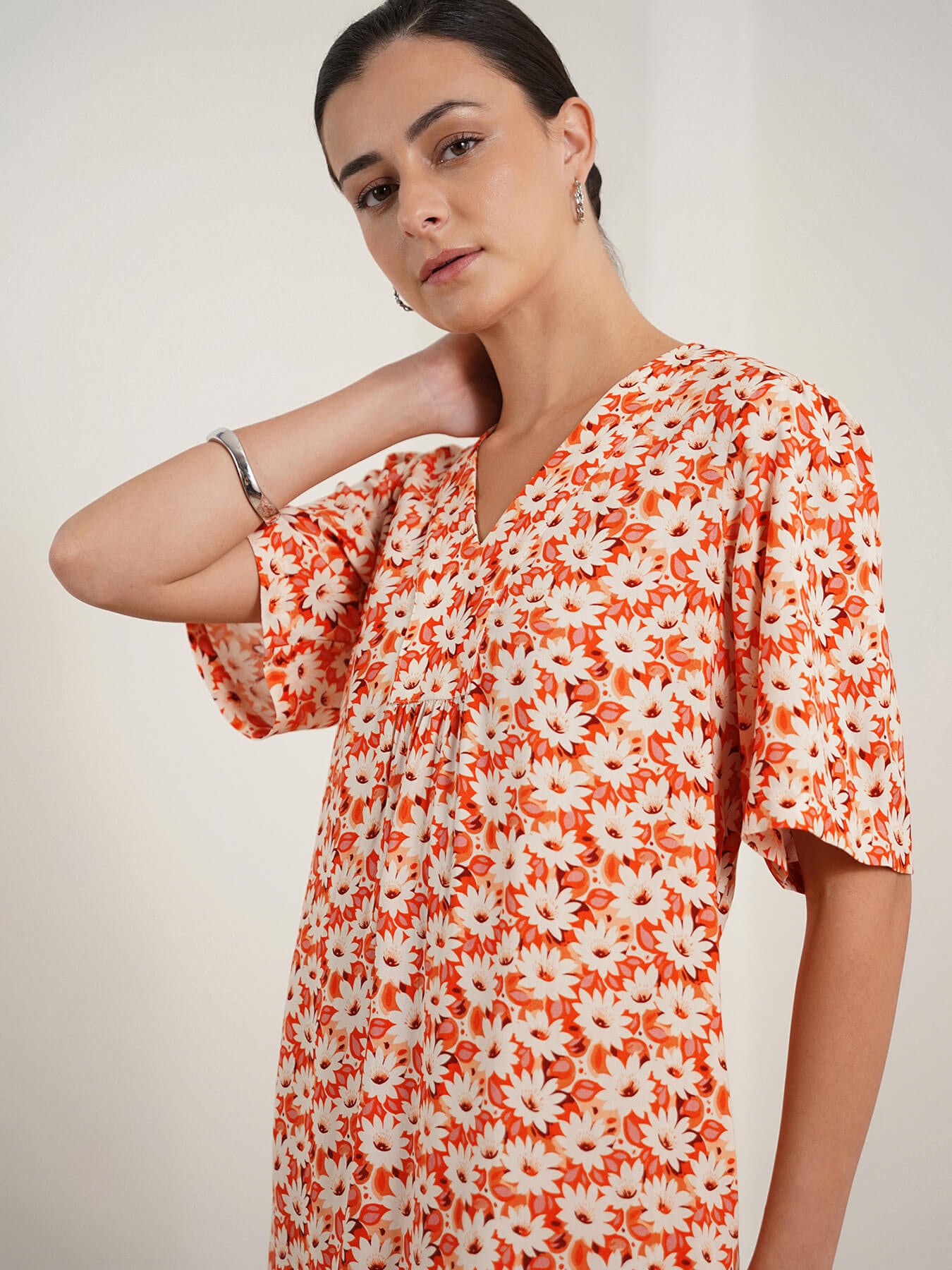 Viscose Floral A-Line Dress - Orange