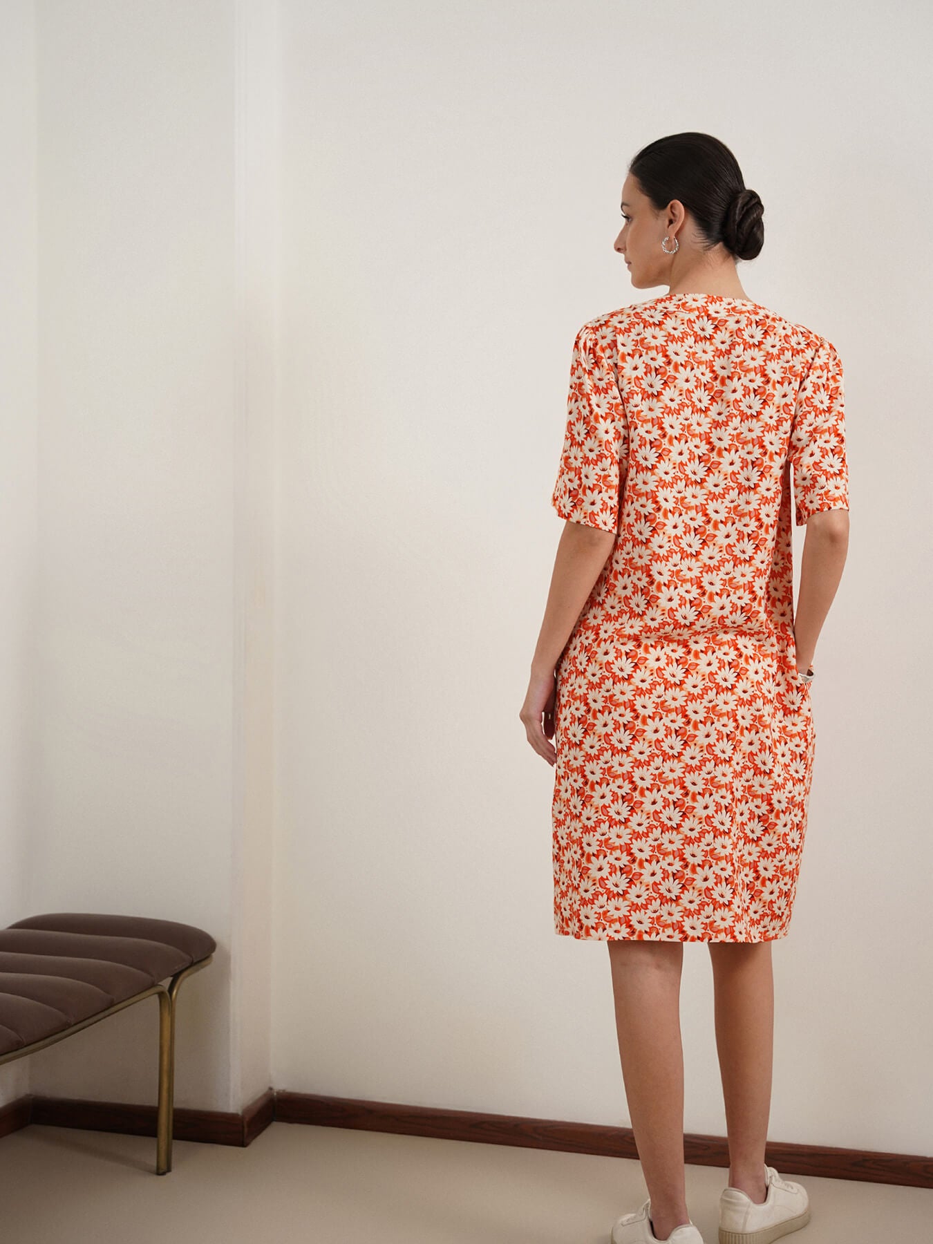Viscose Floral A-Line Dress - Orange