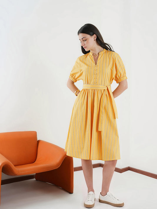 Cotton Striped Fit and Flare Dress - Yellow