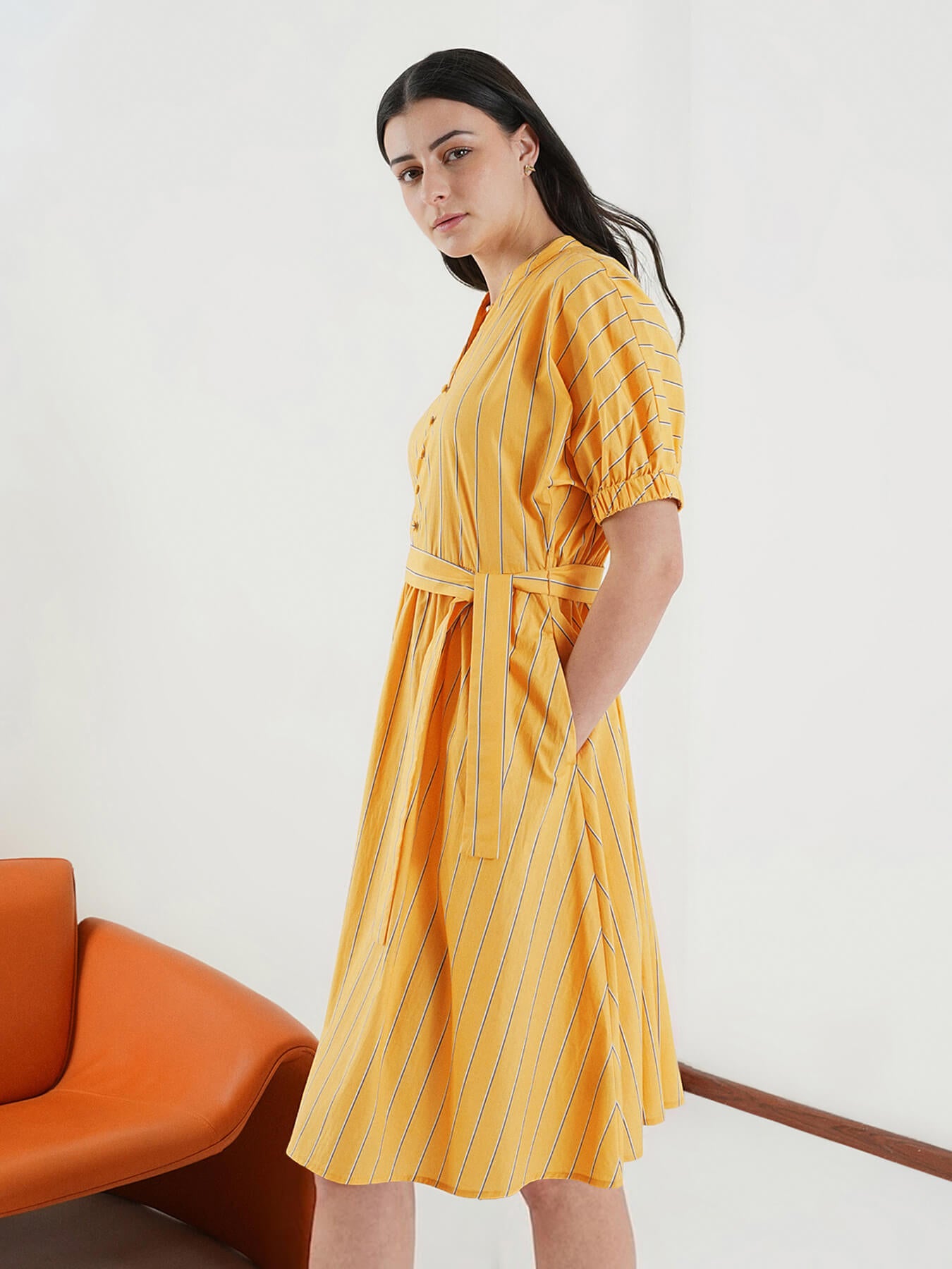 Cotton Striped Fit and Flare Dress - Yellow