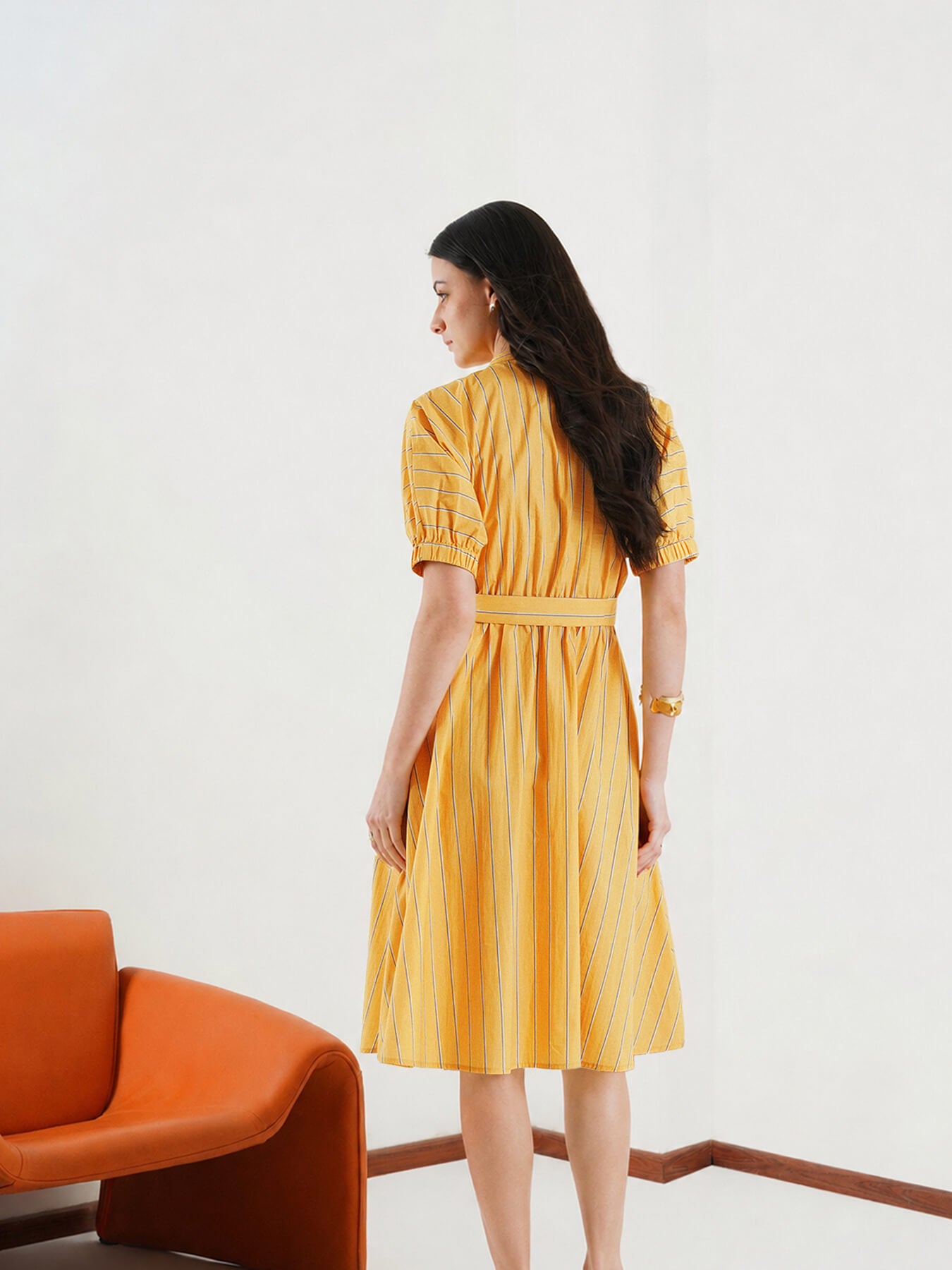 Cotton Striped Fit and Flare Dress - Yellow