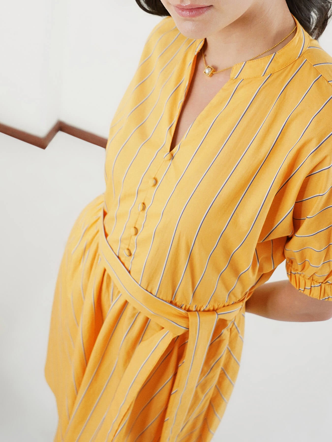 Cotton Striped Fit and Flare Dress - Yellow
