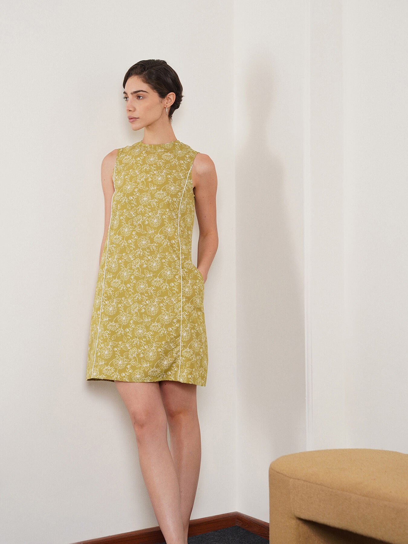 Cotton Floral A-Line Dress - Olive