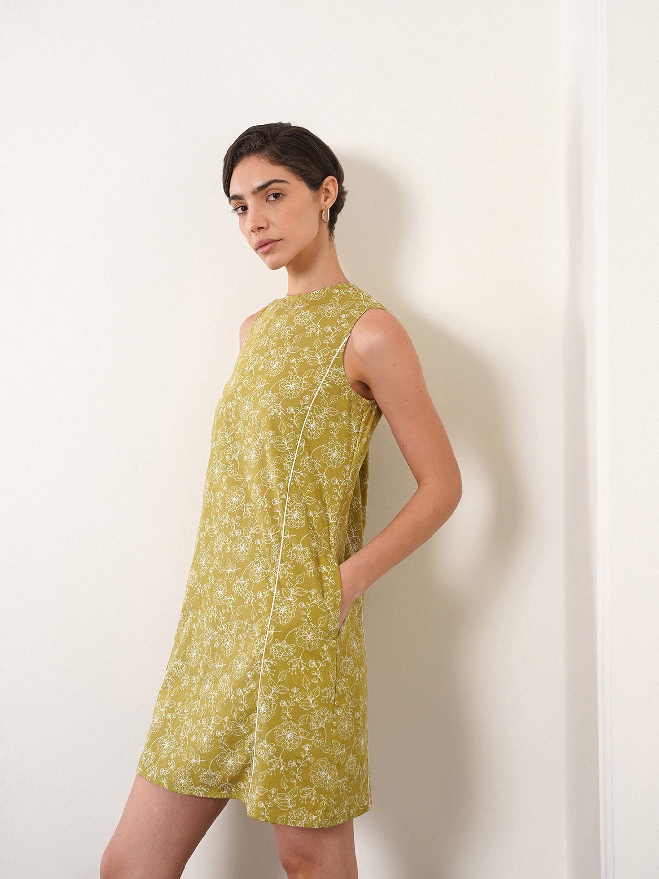 Cotton Floral A-Line Dress - Olive