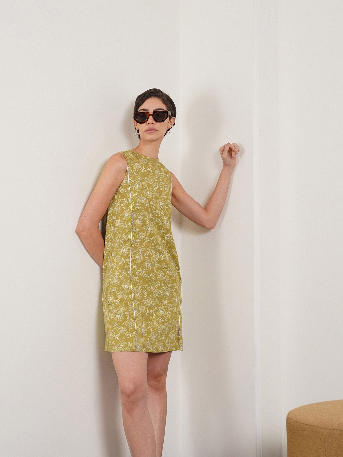 Cotton Floral A-Line Dress - Olive