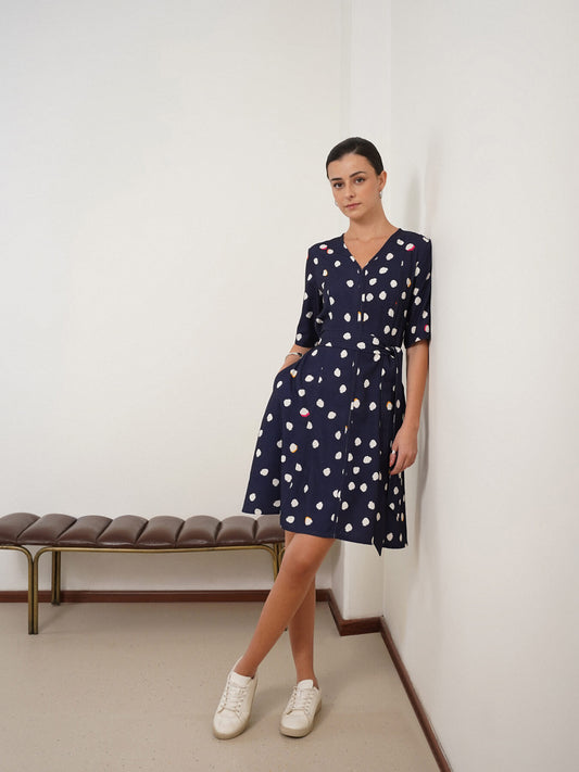 Polka Dot Fit and Flare Dress - Navy Blue