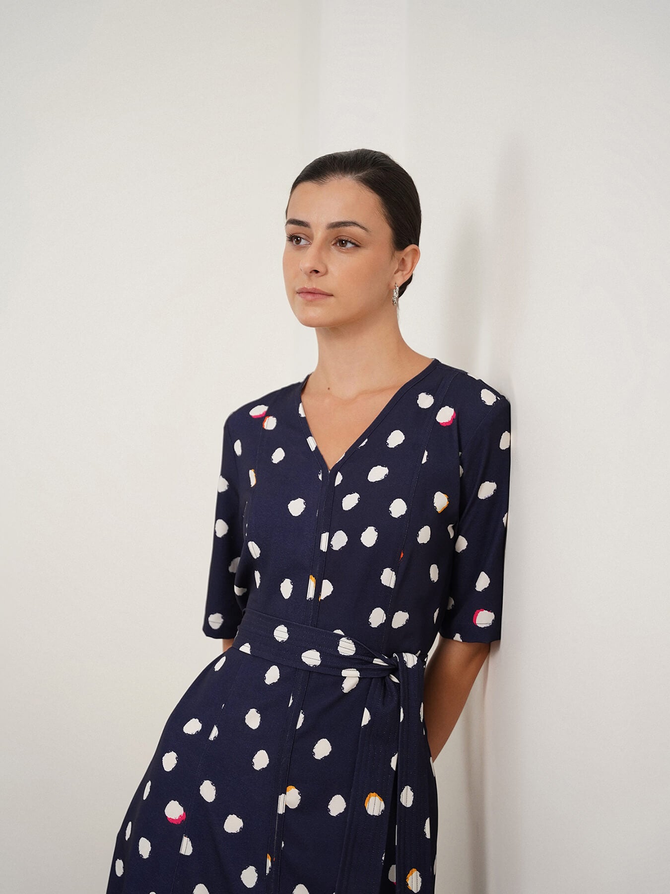 Polka Dot Fit and Flare Dress - Navy Blue