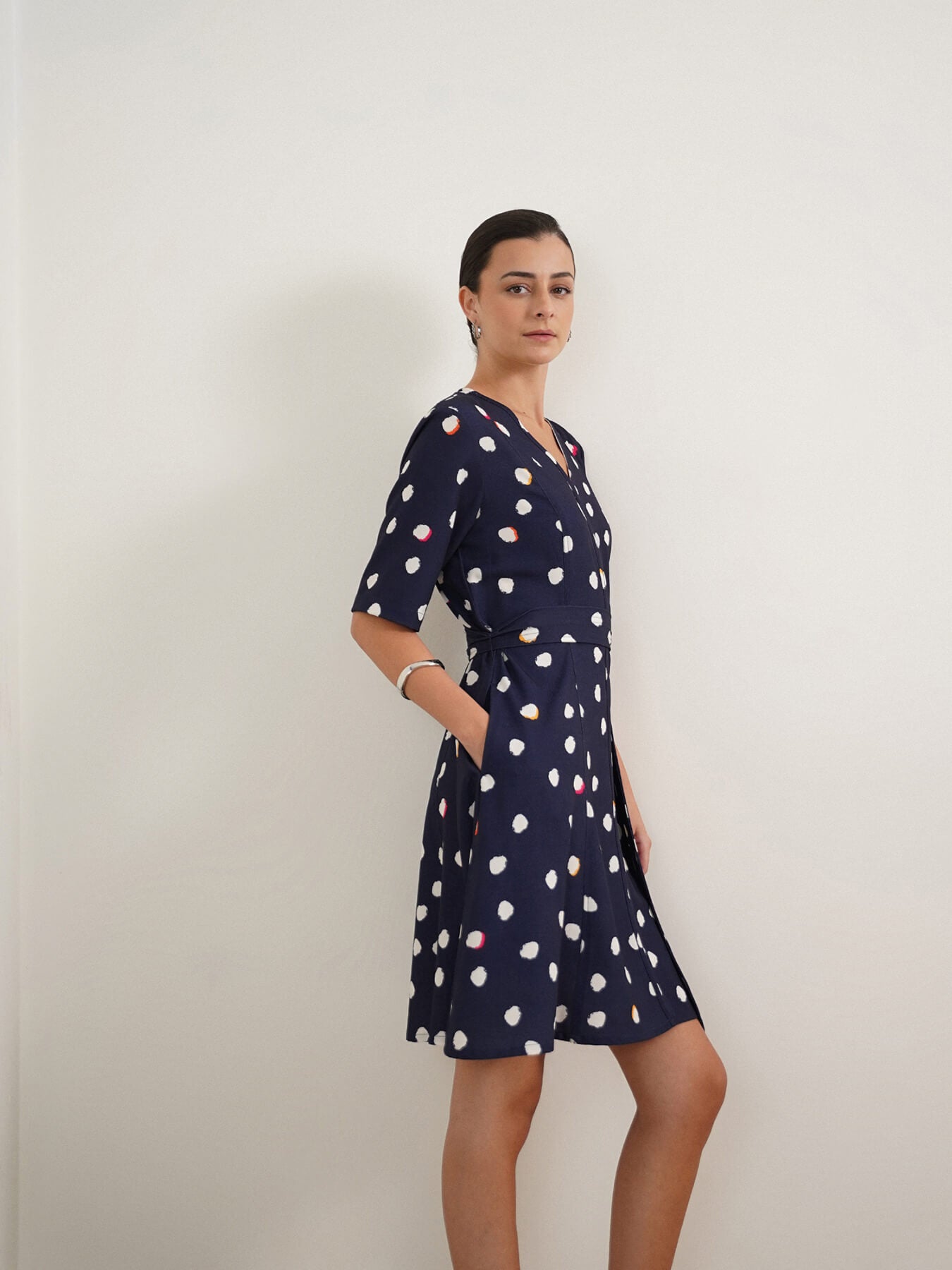 Polka Dot Fit and Flare Dress - Navy Blue