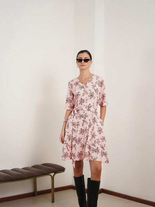 Floral Fit and Flare Dress - Pink