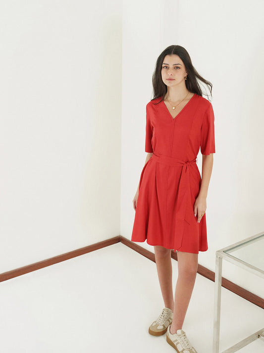 Viscose Fit and Flare Dress - Rust