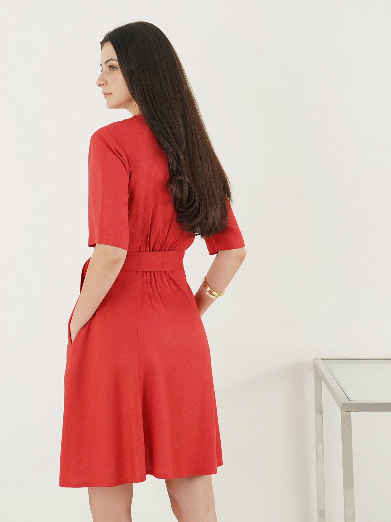 Viscose Fit and Flare Dress - Rust