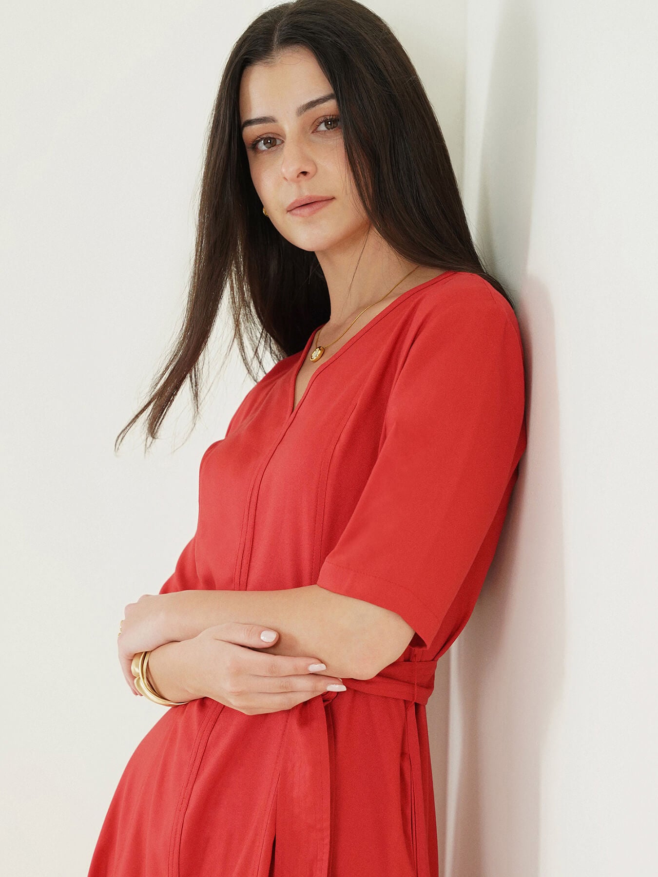 Viscose Fit and Flare Dress - Rust