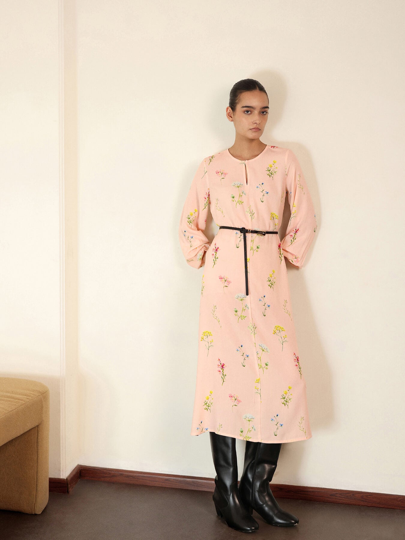 Viscose Floral A-Line Dress - Pink